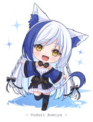  1girl animal_ear_fluff animal_ears anku aomiya_yozuri belt black_thighhighs blue_hair blue_jacket blush cat_ears cat_girl cat_tail chibi chibi_only commentary_request deformed fang goggles goggles_around_neck highres indie_virtual_youtuber jacket leg_up long_hair looking_at_viewer multicolored_hair open_mouth shirt sidelocks simple_background skirt solo sparkle streaked_hair tail thigh-highs virtual_youtuber white_background white_hair white_shirt white_skirt yellow_eyes zettai_ryouiki 