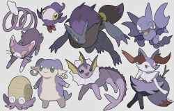  ^_^ alternate_color arm_up audino blue_eyes braixen claws closed_eyes commentary dot_nose fangs fins glameow gligar green_eyes grey_background head_fins highres looking_to_the_side no_humans official_alternate_color omanyte one_eye_closed open_mouth ouran pincers pokemon pokemon_(creature) pokemon_focus purple_theme shell shiny_pokemon spritzee stick stretching symbol-only_commentary tongue tongue_out vaporeon whiskers wings yellow_eyes zoroark 