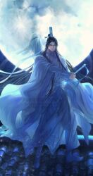  1boy absurdres bichen_sword black_hair blue_ribbon blue_theme boots chinese_clothes closed_mouth clouds fighting_stance flower full_body full_moon ganen_cheese glowing guqin hanfu headband highres holding holding_sword holding_weapon instrument_case jian_(weapon) lan_wangji long_hair long_sleeves looking_at_viewer male_focus modao_zushi moon night night_sky on_rooftop outdoors ribbon robe sash sheath sidelocks sky sleeves_past_wrists solo standing sword sword_tassel tassel topknot unsheathing very_long_hair watermark weapon white_boots white_hanfu white_headband white_sash wide_sleeves xiao_guan_(headdress) yellow_eyes 