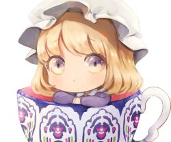  1girl blonde_hair blush bow bowtie chibi chibi_only collar cup dress hair_between_eyes hat in_container in_cup long_sleeves maribel_hearn mob_cap multicolored_eyes own_hands_together painting_(medium) poteimo_(poteimo622) purple_dress red_bow red_bowtie short_hair simple_background touhou traditional_media two-tone_eyes violet_eyes white_background white_collar white_hat yellow_eyes 