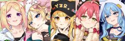  5girls :3 :d ahoge aki_rosenthal aki_rosenthal_(gaming_casual) animal_ear_fluff animal_ears animal_hat animal_hood aqua_eyes bare_shoulders baseball_cap bell beret black_choker black_collar black_hat black_jacket black_sailor_collar black_shirt blonde_hair blue_background blue_eyes blue_hair blunt_bangs blush border bow bowtie breast_tattoo breasts cable_knit cardigan cat_ears cat_hat cat_hood choker cleavage_cutout closed_mouth clothing_cutout collar colored_inner_hair column_lineup cross-laced_headwear double-parted_bangs drop_shadow ear_piercing earrings fang flower_hairclip green_background green_jacket hair_between_eyes hair_ornament hairclip hairpin hands_on_own_cheeks hands_on_own_face hat head_rest heart heart_necklace hololive hood hood_up hooded_jacket hoshimachi_suisei hoshimachi_suisei_(sailor) jacket jewelry jingle_bell large_breasts long_hair long_sidelocks long_sleeves looking_afar looking_at_viewer low_twintails multicolored_hair multicolored_jacket multiple_girls multiple_hairpins multiple_piercings nail_polish neck_bell necklace no_horns off_shoulder official_alternate_costume official_alternate_hair_length official_alternate_hairstyle open_clothes open_jacket overalls parted_bangs parted_lips pierced_hat piercing pink_background pink_hair pink_nails pixie_cut pointy_ears portrait red_bow red_bowtie rena_sakuma sailor_collar sakura_miko sakura_miko_(casual) school_uniform shirt short_hair sidelocks simple_background skin_fang sleeveless sleeveless_turtleneck smile star_(symbol) star_in_eye streetwear sweater swept_bangs symbol_in_eye tank_top tattoo teeth turtleneck turtleneck_sweater twintails two-sided_fabric two-sided_jacket upper_body upper_teeth_only v v_over_mouth violet_eyes virtual_youtuber white_hat white_jacket white_overalls white_shirt white_tank_top wide_ponytail winged_heart winged_heart_tattoo yellow_background yellow_bow yellow_bowtie yellow_cardigan yellow_eyes yozora_mel yozora_mel_(streetwear) yuzuki_choco yuzuki_choco_(streetwear) 