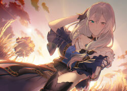  1girl alfia_(danmachi) astraea_record bare_shoulders black_bow black_gloves blue_dress bow breasts closed_mouth dress dungeon_ni_deai_wo_motomeru_no_wa_machigatteiru_darou_ka gloves green_eyes grey_eyes grey_hair hair_between_eyes hair_bow hair_over_shoulder hand_in_own_hair heterochromia highres kakage large_breasts long_hair looking_at_viewer low_side_ponytail multicolored_dress novel_illustration off-shoulder_dress off_shoulder official_art outdoors smile third-party_source wheat_field 