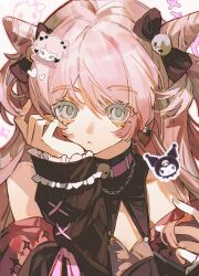  1girl absurdres bang_dream! bang_dream!_it's_mygo!!!!! black_bow bow chihaya_anon commentary cone_hair_bun earrings grey_eyes hair_bow hair_bun head_rest heart heart_earrings highres hikawayunn jewelry kuromi long_hair long_sleeves pink_hair sanrio symbol-only_commentary twirling_hair upper_body 