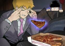  2boys black_hair blonde_hair bowl_cut clenched_teeth couch devovas food grey_suit highres kageyama_shigeo male_focus man_levitating_pizza_(meme) meme mob_psycho_100 multiple_boys necktie photo-referenced pink_necktie pizza pizza_box pizza_slice reigen_arataka suit sweat teeth telekinesis 