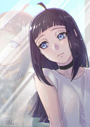  1girl ahoge black_choker black_hair blue_eyes blunt_bangs boruto:_two_blue_vortex choker commentary_request facial_mark hal_(sakurajam) highres long_hair naruto_(series) reflection shirt signature solo upper_body uzumaki_himawari whisker_markings white_shirt window 