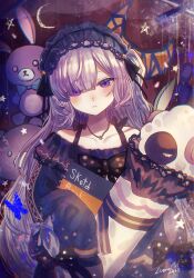  1girl bare_shoulders black_bow blunt_bangs bow bug butterfly closed_mouth crescent dress expressionless frilled_dress frills gothic_lolita grey_hair hair_over_one_eye hairband hashtag-only_commentary highres holding holding_pillow holding_sketchbook lolita_fashion lolita_hairband long_hair long_sleeves looking_at_viewer luma0130 mahou_shoujo_no_majo_saiban natsume_an-an one_side_up pillow polka_dot polka_dot_bow sketchbook sleeves_past_fingers sleeves_past_wrists solo stuffed_animal stuffed_rabbit stuffed_sheep stuffed_toy violet_eyes 