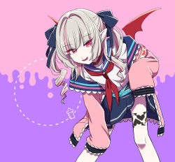  1girl aqua_belt armband belt belt_collar blue_ribbon blue_sailor_collar blue_skirt blush collar colored_inner_hair commentary demon_wings drill_hair fangs feet_out_of_frame grey_hair hair_intakes hair_over_shoulder hair_ribbon hand_on_own_knee heart highres jacket krtuoo leaning_forward leg_tattoo legs_apart long_hair looking_at_viewer loose_belt makaino_ririmu makaino_ririmu_(4th_costume) miniskirt multicolored_hair neckerchief nijisanji off_shoulder open_clothes open_jacket parted_lips pink_background pink_hair pink_jacket pink_streaks pleated_skirt pointy_ears purple_background red_collar red_eyes red_neckerchief red_wings ribbon sailor_collar school_uniform serafuku shirt sidelocks skirt skirt_hold sleeves_past_fingers sleeves_past_wrists smile solo standing streaked_hair symbol-only_commentary tattoo thighs two-tone_hair two_side_up virtual_youtuber white_shirt winged_heart winged_heart_tattoo wings 