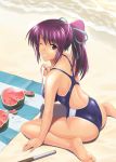  1girl ass back beach blanket breasts competition_swimsuit female food fruit grin hair_ribbon ishigaki_takashi large_breasts looking_back one-piece_swimsuit one_eye_closed ponytail purple_eyes purple_hair ribbon ribbons sitting smile solo suikawari swimsuit tan tanline teeth violet_eyes wariza watermelon wink 