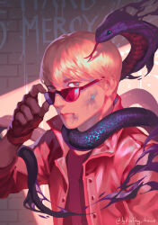  1boy adjusting_eyewear animal_around_neck black_gloves blonde_hair brown_eyes bruise bruise_on_face closed_mouth cobra_kai commentary english_commentary gloves hand_up highres injury jacket johnny_lawrence looking_at_viewer lydialing_draws male_focus open_clothes open_jacket realistic red_jacket short_hair snake solo sunglasses the_karate_kid upper_body 