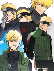  1boy black_headband black_sweater blonde_hair blue_eyes commentary_request covering_own_mouth eyeliner facial_mark flak_jacket grin headband highres jacket jewelry konohagakure_symbol makeup male_focus naruto:_the_last naruto_(series) necklace nervous_sweating notane_n orange_eyeliner sennin_mode serious smile sweat sweater turtleneck turtleneck_sweater uzumaki_naruto whisker_markings yellow_eyes 