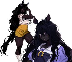  1girl animal_ears ankle_socks black_hair blue_bow blue_bowtie blue_shirt bow bowtie breasts brooch closed_mouth commentary dark-skinned_female dark_skin english_commentary expressionless friesian_horse_girl hair_between_eyes happy high-waist_shorts highres horse_ears horse_girl horse_tail horseshoe_ornament jewelry large_breasts light-skinned_palms light_blush long_hair long_hair_between_eyes multiple_views original pdvl puffy_short_sleeves puffy_sleeves sailor_collar school_uniform shirt short_shorts short_sleeves shorts sidelocks simple_background socks sportswear standing stretching striped_clothes striped_socks t-shirt tail thick_lips tracen_school_uniform two-tone_shirt umamusume vertical-striped_clothes vertical-striped_socks very_dark_skin very_long_hair violet_eyes wavy_hair white_background white_sailor_collar white_shirt white_socks yellow_shorts 