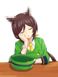  1girl :o animal_ears bowler_hat buttons censored closed_eyes collared_shirt commentary_request double-breasted green_hat green_jacket hat hayakawa_tazuna highres horse_ears horse_girl horseshoe_hat_ornament horseshoe_ornament jacket long_sleeves necktie ponytail rapana_p shirt simple_background sleeping solo table umamusume unworn_hat unworn_headwear watch watch white_background yellow_necktie 
