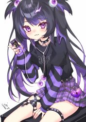  1girl :3 ac/dc band_shirt black_choker black_hair black_nails black_shirt blush chain choker chromashift closed_mouth commentary_request dated digital_media_player earphones earphones eye_hair_ornament eyelashes fingernails hair_ornament highres holding_digital_media_player ipod lightning_bolt_hair_ornament lightning_bolt_symbol lock long_hair merchandise multicolored_hair nail_polish plaid_clothes plaid_skirt purple_hair purple_skirt roca_rourin shirt signature simple_background sitting skirt smile solo spiked_choker spikes striped_sleeves thigh_strap twintails two-tone_hair violet_eyes virtual_youtuber watashishi white_background 