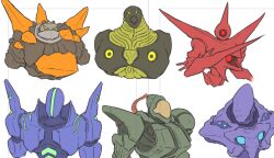  6+boys alien armor crystal helmet kanden_(metroid) looking_at_viewer metroid metroid_prime_hunters multiple_boys noxus_(metroid) one-eyed orange_visor ponytail power_armor science_fiction spire_(metroid) sylux_(metroid) trace_(metroid) upper_body wakaba_(wata_ridley) weapon weavel 