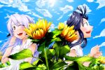  blue_hair cloud clouds flower furude_rika hanyuu higurashi_no_naku_koro_ni horns long_hair purple_hair sky sunflower 