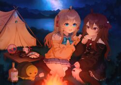  2girls ahoge asymmetrical_legwear bandaid bandaid_on_knee bandaid_on_leg black_cardigan black_skirt black_socks black_thighhighs blue_bow blue_bowtie blue_eyes blue_sailor_collar blue_skirt bottle bow bowtie broken_heart broken_heart_hair_ornament brown_hair camping cardigan closed_mouth commentary cup dress_shirt english_commentary evil_neuro-sama food from_side grass hair_between_eyes hair_ornament hair_ribbon heart heart_hair_ornament highres holding holding_stick kasoke308 lava_lamp long_hair long_sleeves marshmallow miniskirt mountainous_horizon multiple_girls neuro-sama night night_sky off-shoulder_cardigan open_mouth outdoors plasma_globe pleated_skirt red_bow red_bowtie red_eyes red_ribbon ribbon sailor_collar shirt siblings single_sock single_thighhigh sisters sitting skirt skull_hair_ornament sky socks stick table tent thigh-highs torn_hair_ribbon turtle twins uneven_legwear vedal987 vedal_ai virtual_youtuber white_shirt wide_shot yellow_cardigan 