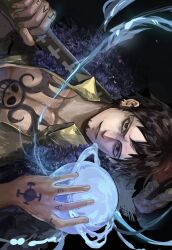  1boy black_hair commentary devil_fruit_power earrings facial_hair goatee highres jewelry looking_at_viewer male_focus one_piece over_shoulder owlbusy_12 pectoral_cleavage pectorals short_hair sideways smile solo sword sword_over_shoulder symbol-only_commentary tattoo toned toned_male trafalgar_law upper_body weapon weapon_over_shoulder 