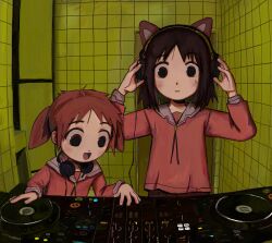  2girls :d absurdres animal_ear_headphones animal_ears azumanga_daioh azumanga_daioh's_school_uniform berlin brown_eyes brown_hair cat_ear_headphones cat_ears dj fake_animal_ears fffkorobka headphones highres kasuga_ayumu mihama_chiyo multiple_girls open_mouth orange_hair pink_serafuku pink_shirt school_uniform serafuku shirt short_twintails smile sweatdrop twintails 
