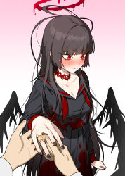  1girl 1other absurdres applying_bandaid arm_at_side averting_eyes b1026 bandaid bandaid_on_finger bandaid_on_hand black_hair black_nails black_serafuku black_skirt black_wings blood blood_halo blue_archive blunt_bangs blush closed_mouth commentary cuts gradient_background halo hand_up highres injury liquid_halo long_hair long_sleeves nervous_smile pink_background pov pov_hands red_eyes red_halo school_uniform serafuku shirt simple_background skirt smile solo_focus sweatdrop textless_version torn_clothes torn_shirt tsurugi_(blue_archive) two-tone_background white_background wings 