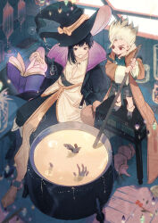  2boys absurdres asagiri_gen black_hair black_robe book cauldron child doran_(doran7280) dr._stone floating floating_book floating_object grey_hair hat highres holding ishigami_senkuu long_sleeves magic male_focus multicolored_hair multiple_boys open_book red_eyes robe short_hair sitting smile spiky_hair white_hair witch witch_hat 
