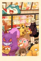 1boy 2girls black_bag black_boots black_hoodie blonde_hair blunt_bangs boots border brown_hair character_request closed_eyes closed_mouth commentary crumbs ditto doughnut dugtrio fangs food food_bite from_behind from_side full_body gengar great_ball green_eyes grin hat highres holding holding_tray hood hoodie indoors jigglypuff long_sleeves looking_at_another menu multiple_girls open_mouth pikachu poke_ball pokemon pokemon_(creature) ponytail psyduck red_eyes short_hair sidelocks smile snorlax standing sweets takeuchi_ryousuke teeth tray ultra_ball