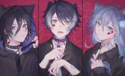  10_io 3boys :3 animal_ear_hood animal_ears animal_hood antenna_hair bandaid bandaid_on_face bandaid_on_finger bandaid_on_hand black_collar black_hair black_hoodie black_shirt blue_hair blue_streaks cat_boy cat_ears cat_hood cat_loving_(cevio) collar collared_shirt column_lineup ear_piercing fangs gauze gauze_on_arm gauze_on_cheek gauze_on_neck grey_eyes hair_ornament hairclip highres hitodama holding_own_leash holostars hood hoodie jackal_boy jackal_ears kageyama_shien kanade_izuru kemonomimi_mode leash long_hair male_focus minase_rio multicolored_hair multiple_boys nail_polish open_mouth piercing purple_collar purple_hair red_background red_nails shirt short_hair spiked_collar spikes studded_collar upper_body violet_eyes virtual_youtuber white_collar white_hair yellow_eyes 