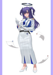  1girl absurdres adjusting_clothes adjusting_gloves aoi_(blue_archive) aoi_(blue_archive)_(cosplay) black_halo blue_archive blue_necktie collared_jacket cosplay cropped_jacket evil_smile full_body gloves halo highres id_card jacket long_hair looking_at_viewer mata_tab1 mechanical_halo necktie purple_hair ribbed_skirt shoes skirt smile solo two_side_up white_background white_gloves white_jacket white_shoes white_skirt yuuka_(blue_archive) 