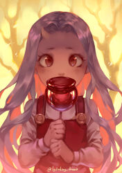  1girl boku_no_hero_academia candy_apple commentary english_commentary eri_(boku_no_hero_academia) food forehead grey_hair grey_shirt holding holding_candy_apple holding_food horns long_hair long_sleeves looking_at_viewer lydialing_draws overalls parted_hair red_eyes red_overalls shirt short_eyebrows single_horn solo straight-on upper_body yellow_background 