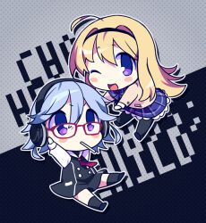  2girls ahoge black_background black_dress black_hairband black_pantyhose black_socks blonde_hair blue_hair blush_stickers chaos;child chaos;head chibi chibi_only copyright_name dress glasses grey_background hairband headphones in-franchise_crossover kazuki_hana long_hair long_sleeves looking_at_viewer mamimu_(ma-mi-mu.me) multiple_girls nishijou_nanami one_eye_closed open_mouth pantyhose plaid_clothes plaid_skirt pleated_skirt science_adventure short_dress short_hair skirt smile socks two-tone_background violet_eyes 