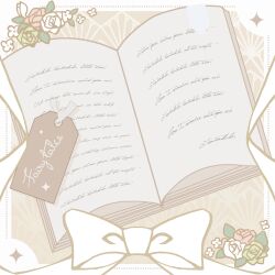  absurdres book bookmark border bow chinese_commentary english_text flower green_flower green_rose highres no_humans open_book original outside_border pink_flower pink_rose ribbon rose snow234 still_life white_border white_bow white_flower white_ribbon white_rose 
