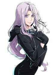1girl baron_(varon666) black_bodysuit bodysuit breasts card cowboy_shot fuuto_tantei highres holding holding_card joker_(playing_card) kamen_rider kamen_rider_w kingdom_hearts long_hair playing_card purple_hair smile solo tokime_(fuuto_tantei) violet_eyes