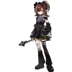  1girl arknights arm_warmers black_arm_warmers black_hairband black_leg_warmers black_shoes black_theme black_thighhighs blue_nails braid braided_bangs closed_mouth full_body gauze_on_knee gothic_punk green_hair hairband half_updo holding holding_wand leg_warmers legwear_garter lolita_hairband long_bangs looking_at_viewer material_growth medium_hair multicolored_hair official_art oripathy_lesion_(arknights) over-kneehighs platform_shoes pointy_ears red_hair shoes shui_di_yu_bu_lei_shao simple_background single_legwear_garter single_over-kneehigh single_thighhigh solo standing streaked_hair tachi-e tecno_(arknights) thigh-highs third-party_source transparent_background two-tone_hair wand 