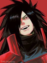  1boy :d black_hair hair_over_one_eye highres long_hair looking_at_viewer male_focus naruto_(series) naruto_shippuuden open_mouth red_background red_eyes rfb_345orororo sharingan smile solo teeth twitter_username uchiha_madara upper_teeth_only 