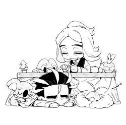  2boys applin closed_eyes collared_shirt commentary_request food frigibax fruit greyscale hassel_(pokemon) highres komala kotatsu larry_(pokemon) long_sleeves luye_unknows male_focus mandarin_orange monochrome multiple_boys necktie open_mouth peeling pokemon pokemon_sv ponytail shirt simple_background sleeping smile swablu table thick_eyebrows u_u under_kotatsu under_table vest white_background wing_collar wrinkled_skin zzz 