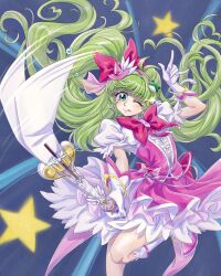  1girl \n/ absurdres back_bow beads blue_background blush bow bowtie bracelet brooch commentary_request cosplay cure_miracle cure_miracle_(cosplay) foot_out_of_frame frilled_skirt frills frog_hair_ornament gem gloves gohei gold_bracelet green_eyes green_hair hair_beads hair_bow hair_ornament hairband hand_up hat highres holding holding_gohei holding_wand jewelry knees kochiya_sanae long_hair mahou_girls_precure! mahou_girls_precure!!_~mirai_days~ mini_hat motion_lines one_eye_closed ookimi_gusoku_mushi pink_bow pink_bowtie pink_gemstone pink_hairband pink_hat pink_shoes pink_skirt pink_vest precure puffy_short_sleeves puffy_sleeves shirt shoes short_sleeves side_ponytail skirt snake_hair_ornament socks solo star_(symbol) tongue tongue_out touhou vest wand white_gloves white_shirt white_socks witch_hat 