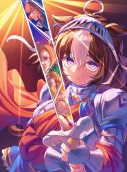  4girls absurdres admire_vega_(umamusume) ahoge alternate_costume animal_ears armor armored_gloves blonde_hair blue_hood blue_tunic breasts brown_hair camellia_(camel_mal) cape crown double-parted_bangs ear_covers ear_ornament ear_piercing ear_ribbon fingerless_gloves gloves gradient_eyes hair_between_eyes highres holding holding_sword holding_weapon hood hood_up horse_ears horse_girl long_hair long_sleeves meisho_doto_(umamusume) mini_crown multicolored_eyes multicolored_hair multiple_girls narita_top_road_(umamusume) open_mouth orange_hair piercing pink_crown red_cape red_sash reflection sash shirt short_hair smile sweat sword t.m._opera_o_(o_sole_suo!)_(umamusume) t.m._opera_o_(umamusume) tunic two-tone_hair umamusume violet_eyes visor_(armor) weapon white_hair 