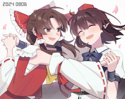  2girls ascot black_bow black_bowtie blush bow bowtie brown_eyes brown_hair closed_eyes collared_shirt commentary_request dated detached_sleeves frilled_bow frilled_hair_tubes frills hair_bow hair_tubes hakurei_reimu hat highres holding_hands long_hair multiple_girls open_mouth pointy_ears puffy_short_sleeves puffy_sleeves red_bow red_hat ribbon-trimmed_sleeves ribbon_trim sakic43899 shameimaru_aya shirt short_sleeves smile tokin_hat touhou white_shirt yellow_ascot yuri 