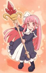  1girl absurdres beachepisode black_boots black_dress boots bow bowtie demon_girl disgaea dress earrings frilled_dress frills highres holding holding_staff jewelry lolita_fashion long_hair mage_(disgaea) mage_staff orange_background pearl_earrings pink_eyes pink_hair pointy_ears staff tongue tongue_out white_bow white_bowtie 