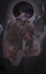  3girls absurdres american_flag american_flag_legwear american_flag_print american_flag_shirt black_dress black_shirt blonde_hair clownpiece commentary_request dalachi_(headdress) dress earth_(planet) flag_print floating_hair glowing glowing_eyes hat hecatia_lapislazuli highres junko_(touhou) long_hair long_sleeves looking_at_viewer medium_hair multiple_girls off-shoulder_shirt off_shoulder planet print_shirt red_eyes red_hair red_tabard shirt t-shirt tabard touhou umbrella3650 underworld_(ornament) very_long_hair 