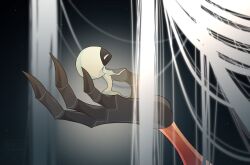 2girls absurdres arthropod_girl black_skin colored_skin from_side giant giantess grand_mother_silk_(hollow_knight) highres hollow_knight hollow_knight:_silksong kujiramaru lace_(hollow_knight) long_hair looking_at_another mother_and_daughter multiple_girls sitting watermark white_eyes white_hair white_skin