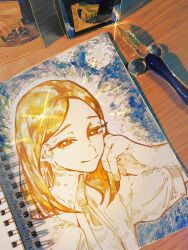  1other art_tools_in_frame blonde_hair closed_mouth collared_shirt colored_eyelashes faux_traditional_media glint hand_on_own_face highres houseki_no_kuni inkwell looking_at_viewer medium_hair nib_pen_(object) nogiii_3 notebook pen shirt smile solo starry_night_(van_gogh) upper_body yellow_diamond_(houseki_no_kuni) yellow_eyes 