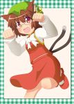  bespectacled brown_hair cat_ears cat_tail chen china_dress chinadress chinese_clothes earrings fang glasses hat jewelry multiple_tails paw_pose red_eyes ribbon ribbons short_hair tail touhou yasuhito 