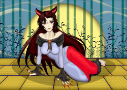  1girl animal_ears arm_support bamboo bare_shoulders barefoot blush body_fur breasts brown_hair dress fang fingernails gem grey_dress imaizumi_kagerou kams large_breasts long_fingernails long_hair long_toenails looking_at_viewer lying moon multicolored_dress nail_polish nose_blush off-shoulder_dress off_shoulder on_side open_mouth red_dress red_eyes red_gemstone red_lips red_nails toenail_polish toenails touhou very_long_hair wide_hips wide_sleeves wolf_ears 