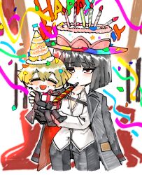  1girl birthday birthday_cake black_coat black_gloves black_hair black_pants black_shoes blonde_hair blush_stickers bob_cut cake candle coat coat_on_shoulders collared_shirt commentary food gift gloves happy_birthday hat limbus_company mini_person miniboy pants party_hat project_moon red_eyes ryoshu_(project_moon) shirt shoes short_hair sinclair_(project_moon) single_glove symbol-only_commentary udiedguy white_background white_shirt 