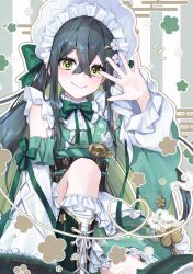  1girl :&gt; apron bare_shoulders black_corset blush bonnet boots breasts chikuwa_(rinka) collar colored_inner_hair corset crossed_bangs detached_sleeves feet_out_of_frame fish floral_print floral_print_kimono flower-shaped_pupils flower_hairpin frilled_bonnet frilled_collar frilled_skirt frilled_socks frilled_thigh_strap frills green_background green_boots green_eyes green_hair green_kimono green_ribbon green_tail hair_ribbon hand_up heart highres japanese_clothes kimono kimono_skirt knee_boots knee_up kneehighs lace-up_boots lizard_tail long_hair long_sleeves looking_at_viewer maid_apron multicolored_hair neck_ribbon nijisanji obiage obijime open_hand print_kimono ribbon sitting skirt small_breasts smile socks solo symbol-shaped_pupils tail thigh_strap togawa_nonoha twitter_username virtual_youtuber waist_apron white_bonnet white_sleeves 