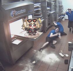 burnice_white domino's_pizza hue_oo medium_hair meme multiple_boys multiple_girls real_life_insert scared surprised zenless_zone_zero