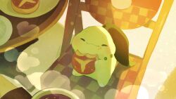  blush chikorita closed_eyes closed_mouth colored_skin commentary_request eating food food_bite food_on_face full_body green_skin highres holding holding_food leaf leaf_on_head no_humans pokemon pokemon_(creature) pokemon_focus sitting solo uroko_(rwde4544) 