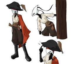 1girl aannyeongh40018 alternate_costume arthropod_girl belt black_boots black_eyes black_hat black_skin boots brown_belt brown_pants coat colored_skin cross cross_necklace hat highres hollow_knight hollow_knight:_silksong jewelry mask multiple_views necklace pants pirate_costume pirate_hat pouch red_coat scar scar_across_eye scar_on_face shakra_(hollow_knight) shirt weapon white_mask white_shirt 