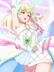  1girl armpits bare_arms bare_legs bare_shoulders blonde_hair blunt_bangs bubble_skirt choker cure_zukyuun curly_hair dress earrings elbow_gloves finger_gun frilled_ribbon frills gingham_dress gloves hair_extensions hair_ornament hair_wings hands_up heart heart-shaped_lock heart-shaped_pupils hikota. jewelry kimi_to_idol_precure kneehighs long_hair multiple_earrings musical_note musical_note_hair_ornament pink_eyes pink_hair precure puffy_dress purirun_(civilian)_(precure) purirun_(precure) ribbon ribbon_choker single_bare_arm single_bare_leg single_kneehigh single_sock skirt socks solo solo_focus symbol-shaped_pupils watermark white_dress white_gloves wing_hair_ornament wrist_cuffs 