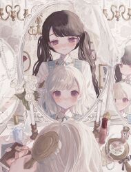  2girls black_bow black_hair blue_vest blush book bottle bow broken_mirror brushing_another&#039;s_hair brushing_hair candelabra candle candlestand chandelier closed_eyes closed_mouth collared_shirt commentary_request curusucururi different_reflection dot_nose flower hair_brush hand_mirror highres holding holding_hair_brush indoors jewelry long_hair long_sleeves looking_at_another looking_down looking_up mirror multiple_girls necklace original parted_bangs parted_lips pearl_necklace perfume_bottle pink_bow plaid_clothes plaid_vest pov pov_hands reflection reflection_focus shirt sitting smile standing swept_bangs twintails unworn_jewelry unworn_necklace vase vest white_bow white_flower white_hair white_shirt 